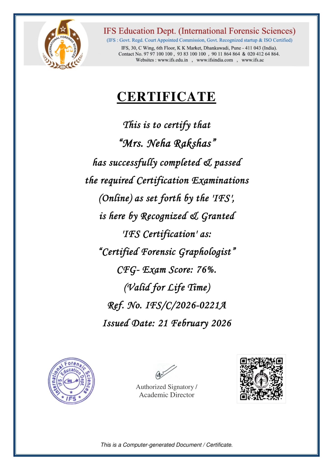 Certificate(Mrs. Neha Rakshas) Certified Forensic Graphologist CFG (Life Time Validity)